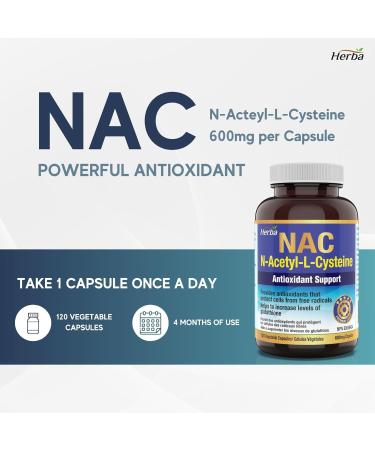 Herba NAC Supplement 600mg 120 Vegetable Capsules | N-Acetyl-L-Cysteine | NAC Supplement 600 mg for Antioxidant | Premium & Pure | Made in Canada | 120 Capsules - Buy Online on SooperMarket.com