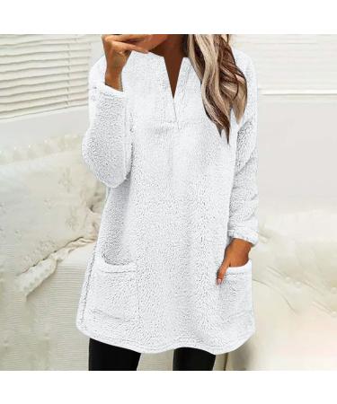 AMhomely Women's Plus Size Teddy Fleece Hoodie - Double Fleece Casual Pullover with Pocket | V-Neck Sweatshirt for Winter | Lightweight Lounge Top - White, Size M - Buy Online on SooperMarket.com