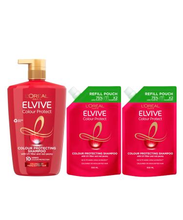 L Or al Paris Elvive Colour Protect Shampoo XL 1L with 2x Refill Pouches 500ml for Coloured Highlighted Hair Prolongs Colour Vibrancy Silicone Free