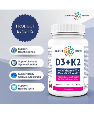 Optimal Bone & Teeth Support D3 + K2 180 Softgels - Optimal Absorption with Organic Coconut Oil Base MK7 K2 Vitamin for Bone & Heart Health Inspiring Wellness with D3K2 Vitamins 3rd Party Tested - Formulated & Made in Canada - Buy Online on SooperMarket.com