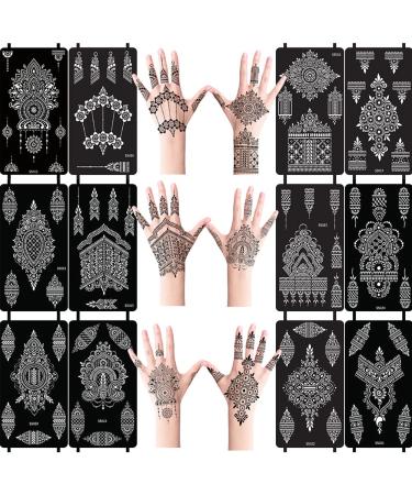XMASIR 12 Sheets Henna Tattoo Stencils, Glitter Airbrush Hand Temporary Tattoo Stickers Indian Arabian Self Adhesive Tattoo Templates (12P-1)