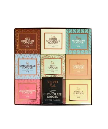 Hot Chocolate Gift Set - 9 Assorted Flavours - Rich Velvety Hot Chocolate Gift Set- Salted Caramel Marshmallow Gingerbread Double Chocolate Hazelnut Mint Peppermint Vanilla White Chocolate