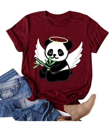 TUNUSKAT Women's Cute Panda Shirt - Summer Animal Print Blouse | Short Sleeve Loose Fit Tops - Medium - Wine - Buy Online on SooperMarket.com