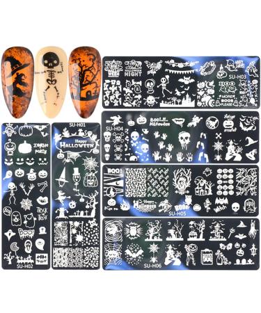 6Pcs Halloween Nail Stamp Plates Set with Various Patterns Spider Webs Pumpkins Bats Skulls DIY Print Manicure Salon Design Perfect Halloween Nail Decoration for Professional DIY Salon
