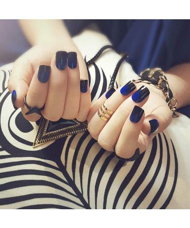 Siusio 24-Piece Black Gradient Artificial Nails Set - Full Cover Short Gel-Art with Royal Blue Jewelry Top Coat for Women & Girls - Buy Online on SooperMarket.com