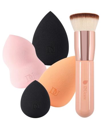 DUcare Foundation Brush with Makeup Sponges Flat Top Kabuki Brush Synthetic Professional Liquid Blending Powder Beauty Makeup Blender 4+1Sponges and Foundation Brush