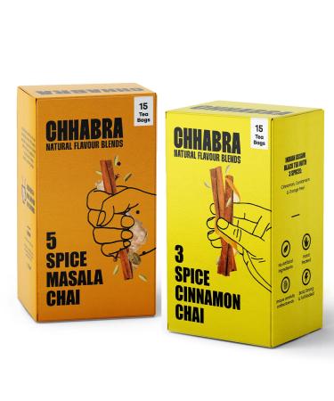 Chhabra Chai Combo Pack | Award-Winning 3 Spice Cinnamon Chai & Signature 5 Spice Masala Chai | Vegan Fair Trade Sugar-Free | Indian Assam Black Tea | Perfect for Tea Lovers | 2 x 52.5g Cartons 3 Spice Cinnamon Chai & 5 Spice Masala Chai Pack of 2