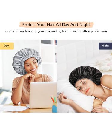 Mikimini X-Large Satin Bonnet for Sleeping - Black+Silver Reversible Double Layer Hair Cap - Soft Stretchy Hair Care Bonnet for Women - Buy Online on SooperMarket.com