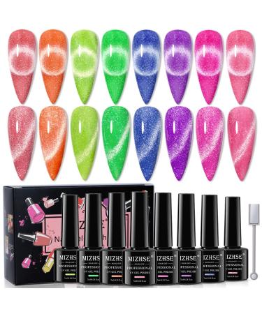 MIZHSE Neon Reflective Cat Eye Gel Nail Polish Set Fluorescent Reflective Glitter Cat Magnetic Gel Neon Gel Nail Polish Soak Off Nail Polish Home DIY Manicure Nail Salon Varnish 7ml