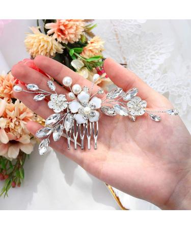 Bridal Hair Comb Silver Flower Wedding Hairpiece Crystal Side Combs for Women - A-Silver - Buy Online on SooperMarket.com