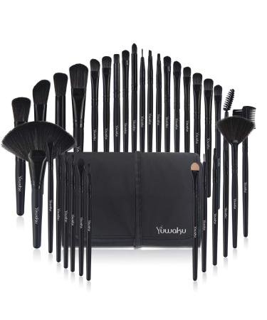 Makeup Brushes 32pcs, Yuwaku Professional Makeup Brush Set, Kabuki Face Eyes Shadow Eyeliner Foundation Blush Lip Powder Liquid Cream Blending Brushes (BLACK)