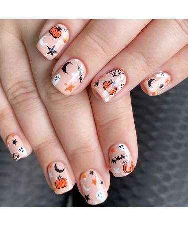 Halloween Press on Nails Short Square Ghost Fake Nails Halloween Pumpkin Ghost Bat Star Moon Gothic Design Acrylic Nails with Glue Halloween Full Cover False Nails for Women and Girls Halloween Fake Nails 4