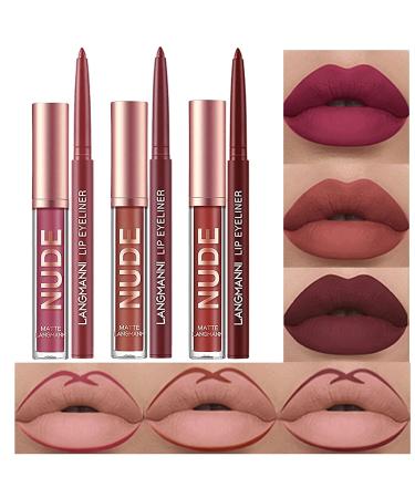 6Pcs Matte Liquid Lipstick Lip Liner Set Velvety Nude Lipstick Stay On 24 Hours Waterproof Non-Stick Cup Not Fade Liquid Lipstick Lipliner Make Up Gift Set (Set D)