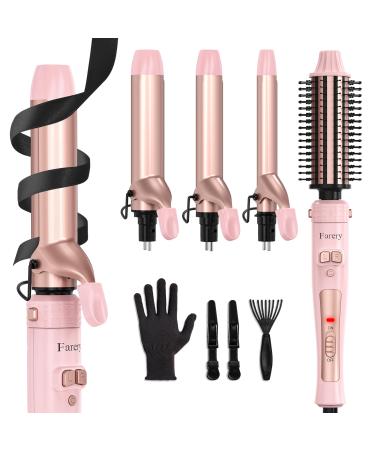 4 in 1 Interchangeable Automatic Rotating Curling Iron & Thermal Brush Set (0.75''-1.25'') Curling Iron Automatic Hair Curler with 1.5'' Heating Round Curling Brush Instant Heat 410 F Pink