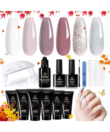 Beetles Poly Nail Gel Kit 6 Colors Soak Off UV Lamp Extension Gel Nail Polish Set with Base Gel Glossy & Matte Top Coat for All In One Kit Builder Nail Gel Fall Winter French Nails Home DIY Manicure 0-Moonlight Ballet