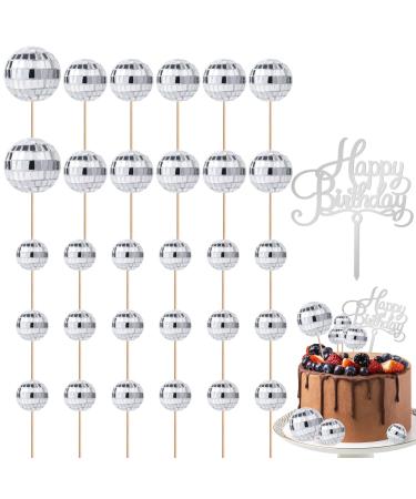31pcs Disco Ball Cupcake Toppers with Happy Birthday Sign Silver Multiple Sizes Disco Theme Cake Toppers Disco Ball Cake Picks Decorations for 70s Disco Theme Party Favor with Sticks