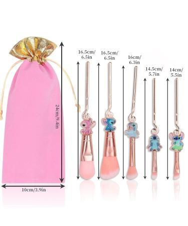 HTPARY 5Pcs Stitch Makeup Brush Set - Pink-B Stitch Theme Cosmetic Brushes for Powder, Eyeshadow, Blushes, Lips - Portable and Lovely Gifts for Girls and Women - Buy Online on SooperMarket.com