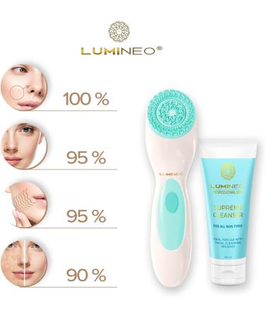 Lumineo Electric Facial Cleansing Brush with 3 Silicone Heads & Cleansing Gel - Turquoise | Removes Blackheads, Peels & Cleans Pores | USB Rechargeable | For All Skin Types - Buy Online on SooperMarket.com