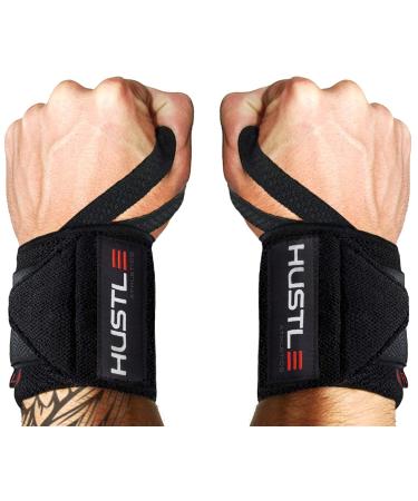 Hustle Athletics Wrist Wraps Weightlifting - Best Support for Gym & Crossfit - Brace Your Wrists to Push Heavier, Avoid Injury & Improve Your Workout Instantly - for Men & Women BLACK 12"