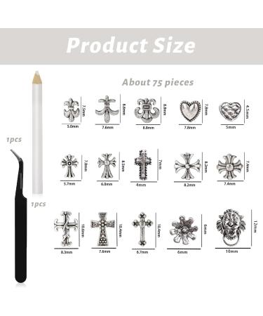 Ruzister 75-Piece 3D Nail Charts - Gothic Retro-Punk Metal Nail Art Charms - Silver Cross & Heart Decorations for Manicure - Buy Online on SooperMarket.com