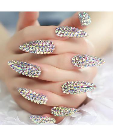 3D Rhinestone Full Cover Super Long Stiletto Fake Nails Set for Wedding Party - Luxury Manicure Nail Art Tips - Buy Online on SooperMarket.com