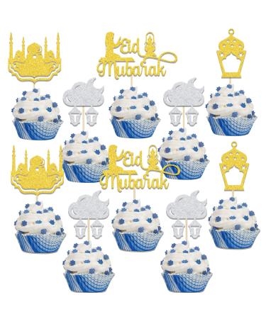Eid Mubarak Cupcake Toppers Eid Decorations Happy Ramadan Cake Decor Islamic Eid Festival Party Decor Supplies Silver Gold