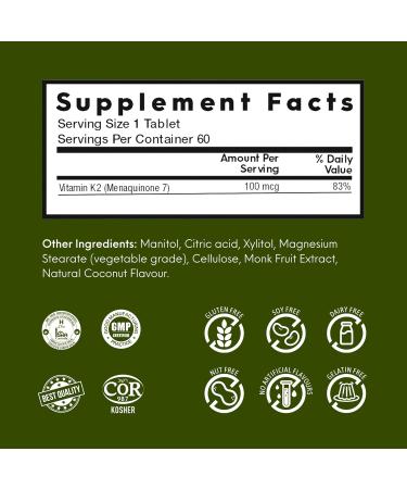 Nutrameltz Vitamin K2 100 mcg Vitamin K2 as MK7 Supplement for Strengthening Teeth Bones Promotes Heart Health Quick Dissolving Tablets for K2 Vitamin Deficiency Coconut Flavour (60 Tablets) - Buy Online on SooperMarket.com