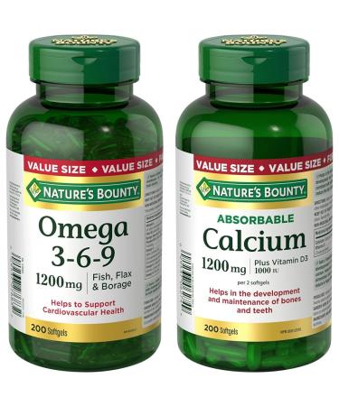 Nature's Bounty Omega 3 6 9 Fish Oil 1200mg Pills Supplement & Calcium Pills plus Vitamin D3 Supplement Helps maintain bones 1200mg 200 Softgels Multi-colored 200 Count (Pack of 1) Supplement + Calcium Pills