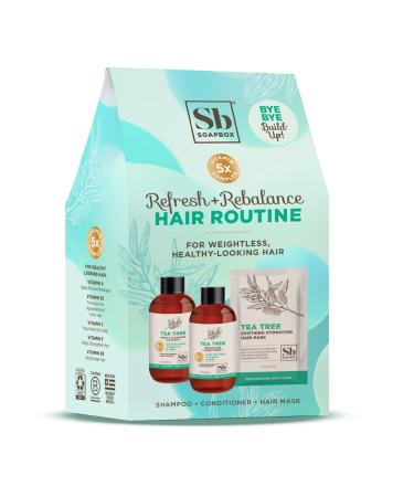 Soapbox Haircare Gift Set of 3 Travel Sized Shampoo & Conditioner with Tea Tree Oil + Scalp Treatment to Cleanse Build Up Cleansing Hair Care Set of Three in Gift Box Easy Breezy Hair Days Inside!