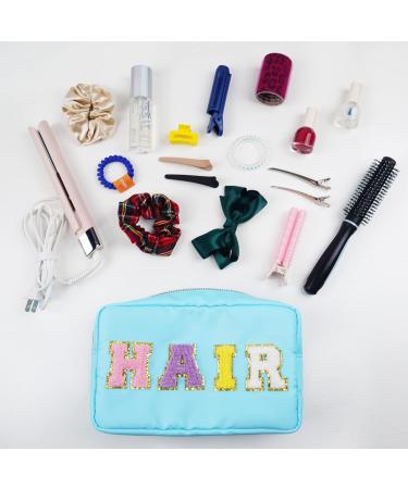 Nylon Waterproof Preppy Makeup Bag - Girls Chenille Letter Portable Travel Organizer for Toiletries and Cosmetics Storage (Blue Hair) - Patches Included - Buy Online on SooperMarket.com