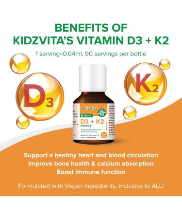 KidzVita - Organic Vegan Vitamin D3 & K2 Drops 400 IU - Support Healthy Bone Teeth and Immunity - Children s Multivitamin For 1 to 8 Years Old 3.6 ML 90 Servings - Buy Online on SooperMarket.com