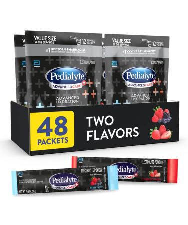 Pedialyte AdvancedCare Plus Electrolyte Powder, Strawberry Freeze And Berry Frost, Has PreActiv Prebiotics, Electrolyte Drink, 0.6 oz Powder Packs, 48 Count