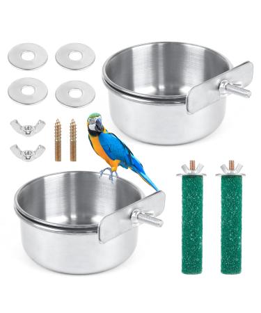 2 Pieces Bird Feeding Dish Cups Stainless Steel Bird Bowl with 2 Pieces Bird Cage Stand Perch Bird Cage Cup Holder with Clamps Parrot Food Bowl for Cage