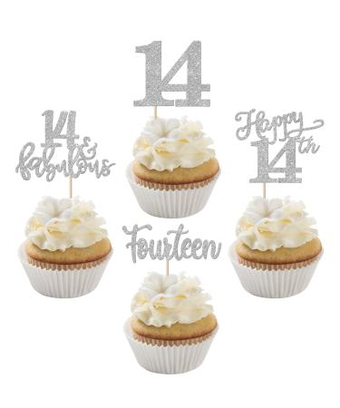 Rsstarxi 24 Pack Happy 14th Birthday Cupcake Toppers Glitter Fourteen 14 Fabulous Cupcake Food Picks for 14th Birthday Wedding Anniversary Party Cake Decorations Silver Silver 14th