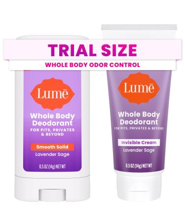 Lume Whole Body Deodorant - Invisible Cream + Solid Stick Mini Bundle - 72 Hour Odor Control - Aluminum & Baking Soda Free Skin Loving - 0.5 Ounce Each - Travel Trial Size Minis (Lavender Sage)