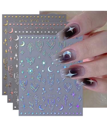 JMEOWIO 8 Sheets Aurora Holographic Moon Star Nail Art Stickers Decals Self-Adhesive Colorful Nail Supplies Nail Art Design Decoration Accessories