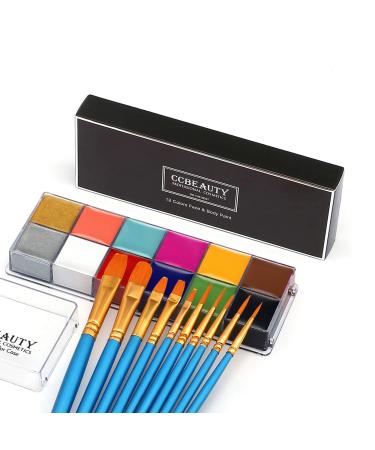 CCbeauty 12 Colors Professional Face Body Paint Makeup Palette Oil Based Cream Hypoallergenic Face Painting Kit for Halloween Costume Fancy SFX Cosplay Makeup with 10 Blue Artist Brushes 01-12 Colours With Blue Brushes