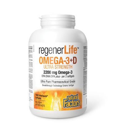Natural Factors Regenerlife Omega-3+D Ultra Strength 150 Enteripure Softgels 2200 mg of Omega-3 plus 1000 mg Vitamin D per 2 softgels High-potency Supports Immune Cardio and Cognitive Health