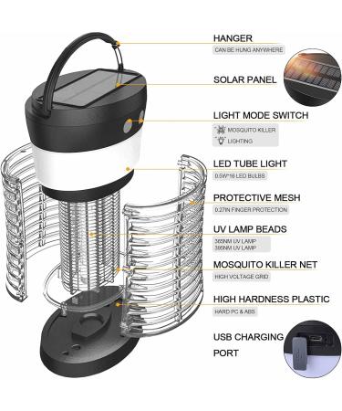 Mosquito Killer lamp Portable Bug Zapper Light Bulbs & Waterproof Camping Lantern 1800mAh Battery USB and Solar Rechargable LED Insect & Fly Killer for Outdoor Home Bedroom Backyard Patio Black - Buy Online on SooperMarket.com