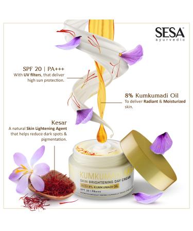 SESA 8% Kumkumadi Kesar Day Cream SPF 20 - Ayurvedic Skin Brightening Moisturizer with Saffron & Sandalwood | Hydrating Face Cream for Men & Women - 50 gm - Buy Online on SooperMarket.com