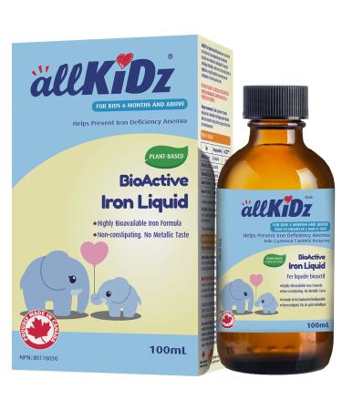 allKiDz BioActive Iron Liquid for Toddler Kids Children Liposomal Iron Supplement for Anemia Great Tasting High Absorption Vegan Plant-based No Sugar 100 Milliliter