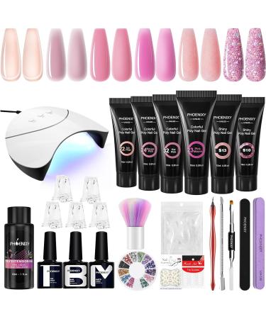 Phoenixy poly nails gel set 6 colies poly nail gel starter set purple pink complete with UV lamp 36W and slip solution base top coat yourself at home 01