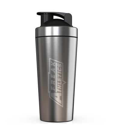 Freak Athletics Premium Insulated Stainless Steel Protein Mixer Shaker Supplement Bottle - Metal and BPA Free Brushed Steel (Stainless Steel)