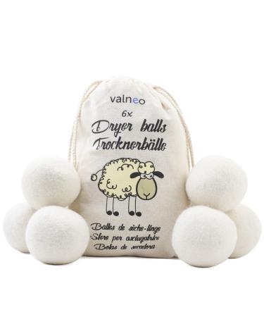 VALNEO 6 Dryer Balls 100% Made from Natural Sheep Wool - for Tumble dryers Gentle to Your Laundry Saves time and Energy Wool Dryer Balls White