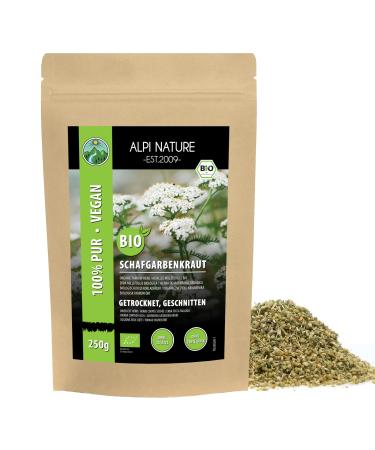 Organic Yarrow tea (250g 8.8oz) gently dried and cut herb Yarrow herb from controlled organic cultivation 100% pure and natural for preparing herbal tea 250 GR