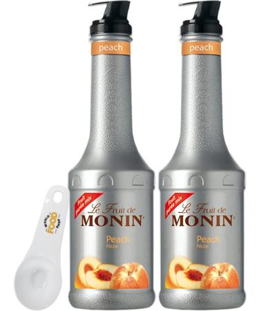 Monin Peach Puree 1L Bottle of 2 with World Food Shop Scoop - Premium Quality Fruit Puree for Cocktails Mocktails Smoothies - Ideal for Bars Restaurants Home Use!