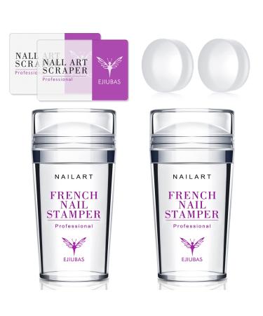 French Tip Nail Stamp - Ejiubas Nail Stamper, Professional Jelly Silicone Nail Stamper, 2PCS Nail Art Stamper, 2PCS Nail Scraper with 2PCS Replaceable Nail Stamper Heads, Nail Stamper Kit 1-Frosted