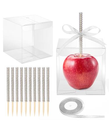 10+10 Candy Apple Kits AngleKai 10Pcs Bling Candy Apple Sticks/ 10Pcs Candy Apple Boxes/ 25 Yard Ribbon Rhinestone Caramel Apple Sticks Clear Candy Apple Boxes with Hole Silver White
