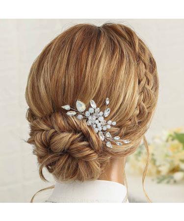 Easedaily Bride Weding Hair Comb Silver Crystal Bridal Hair Piece Opal Hair Accessories for Women and Bridesmaid A-silver