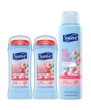 Suave Deodorant for Women Wild Cherry Blossom Bundle Invisible Solid Antiperspirant Deodorant Stick 2-Pack + Antiperspirant Dry Spray 48H Protection